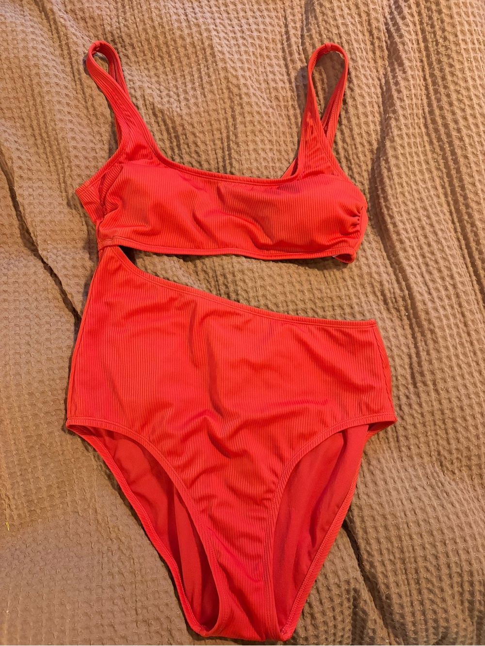 Kona Sol Vibrant Red Ribbed One-Shoulder Bikini